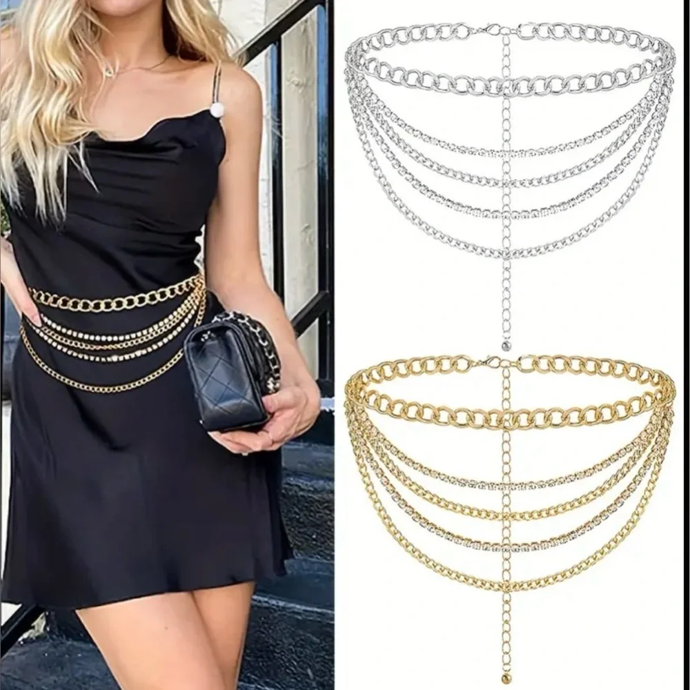 NEW🌹Stylish Multi-Layer Rhinestone Fringed Silver Waist Chain